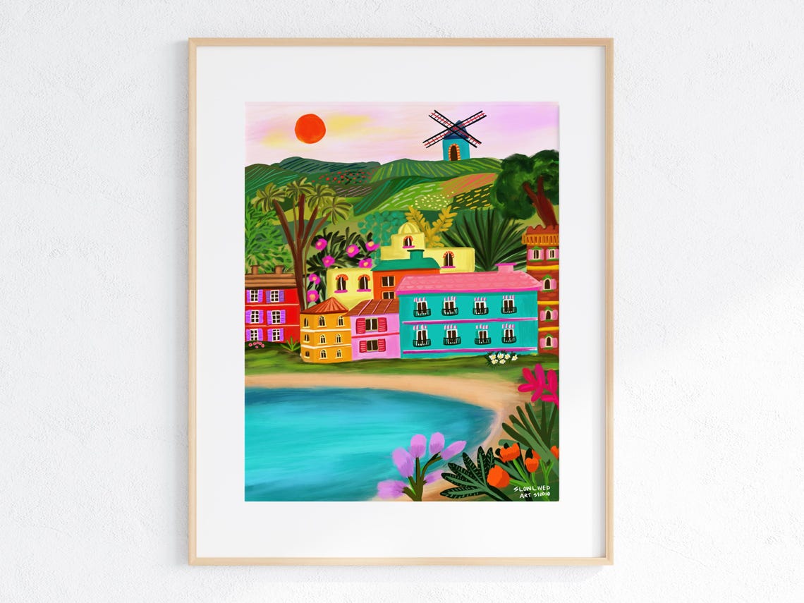 Colorful French Mediterranean Village Cove Windmill Hills Art Print - Image 4