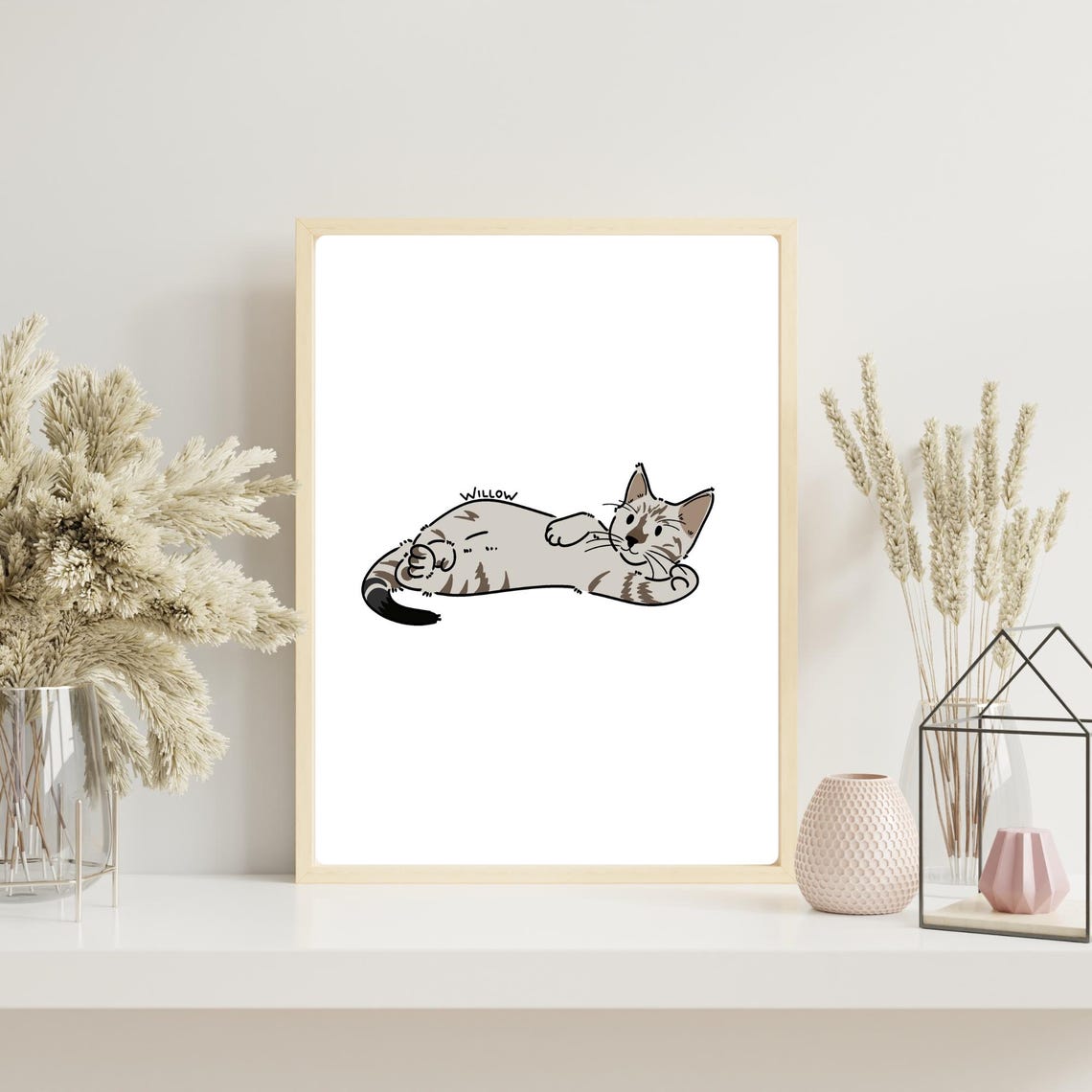 Willow Cartoon Cat Minimalist Tabby Stretching Cute Kitty Art Poster