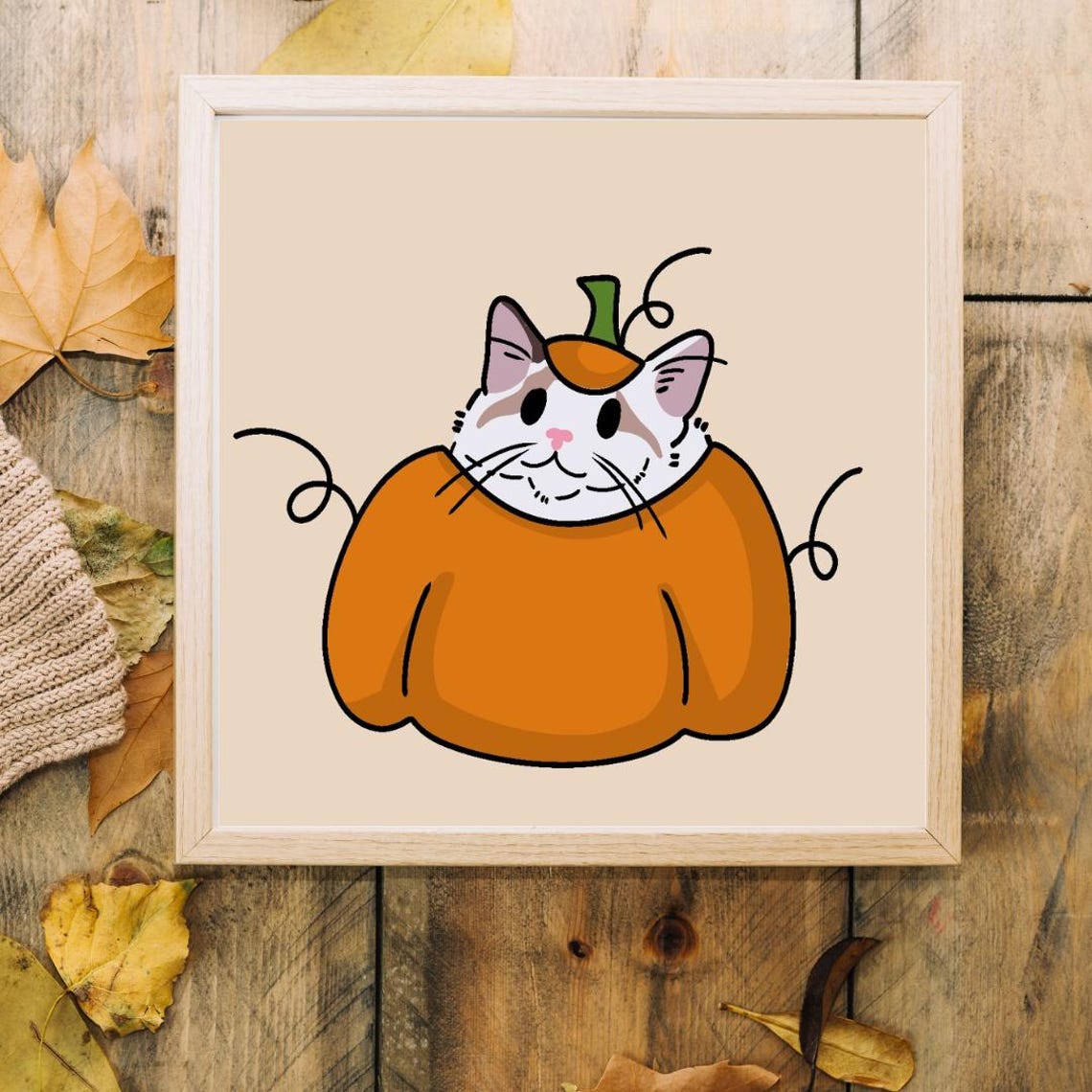 Cat in Pumpkin Costume Cute Fall Halloween Cat Cartoon Animal Poster