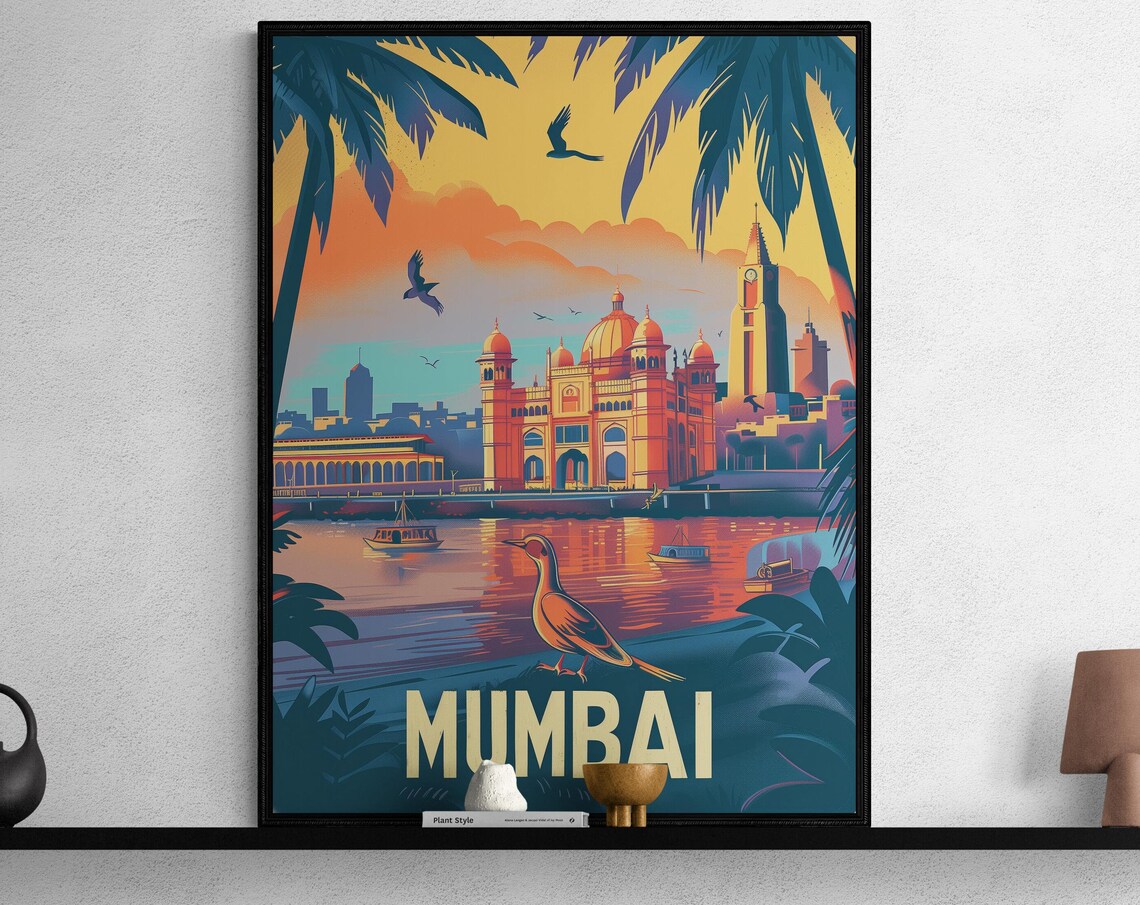 Mumbai Waterfront Palace Bird Sunset Retro India Travel Poster