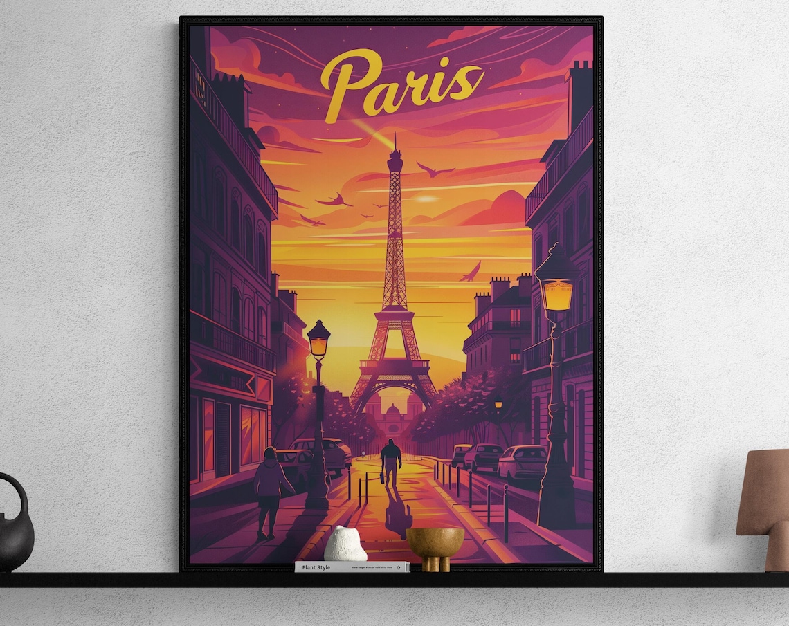 Paris Eiffel Tower Sunset Street Lamplight Vintage Travel Poster