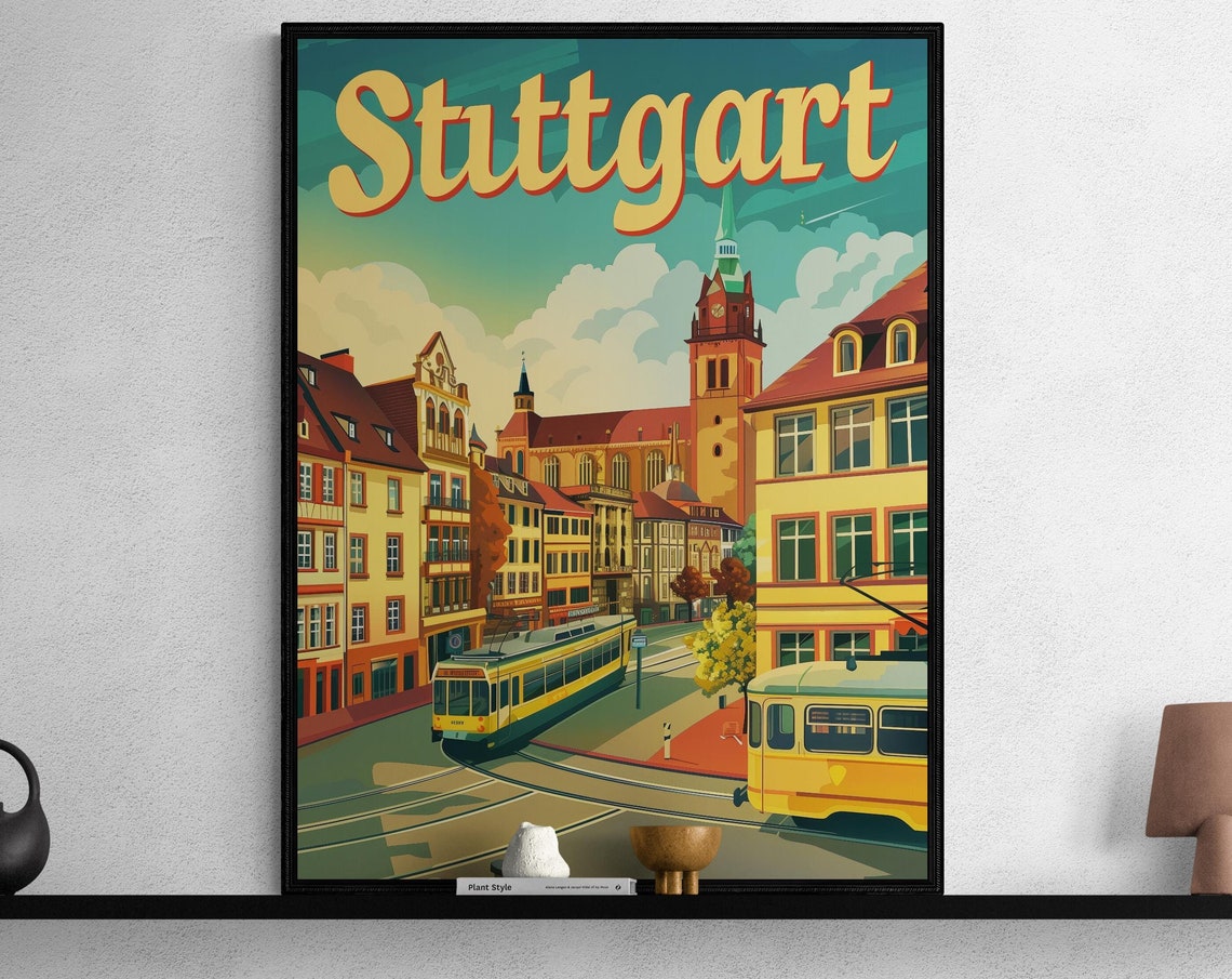 Stuttgart Germany Yellow Tram Church Old Town Vintage Travel Poster