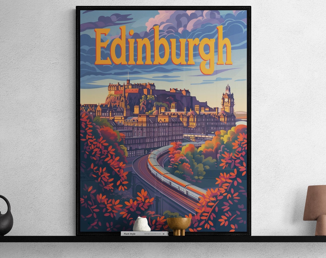 Edinburgh Castle Autumn Train Viaduct Vintage Scotland Poster
