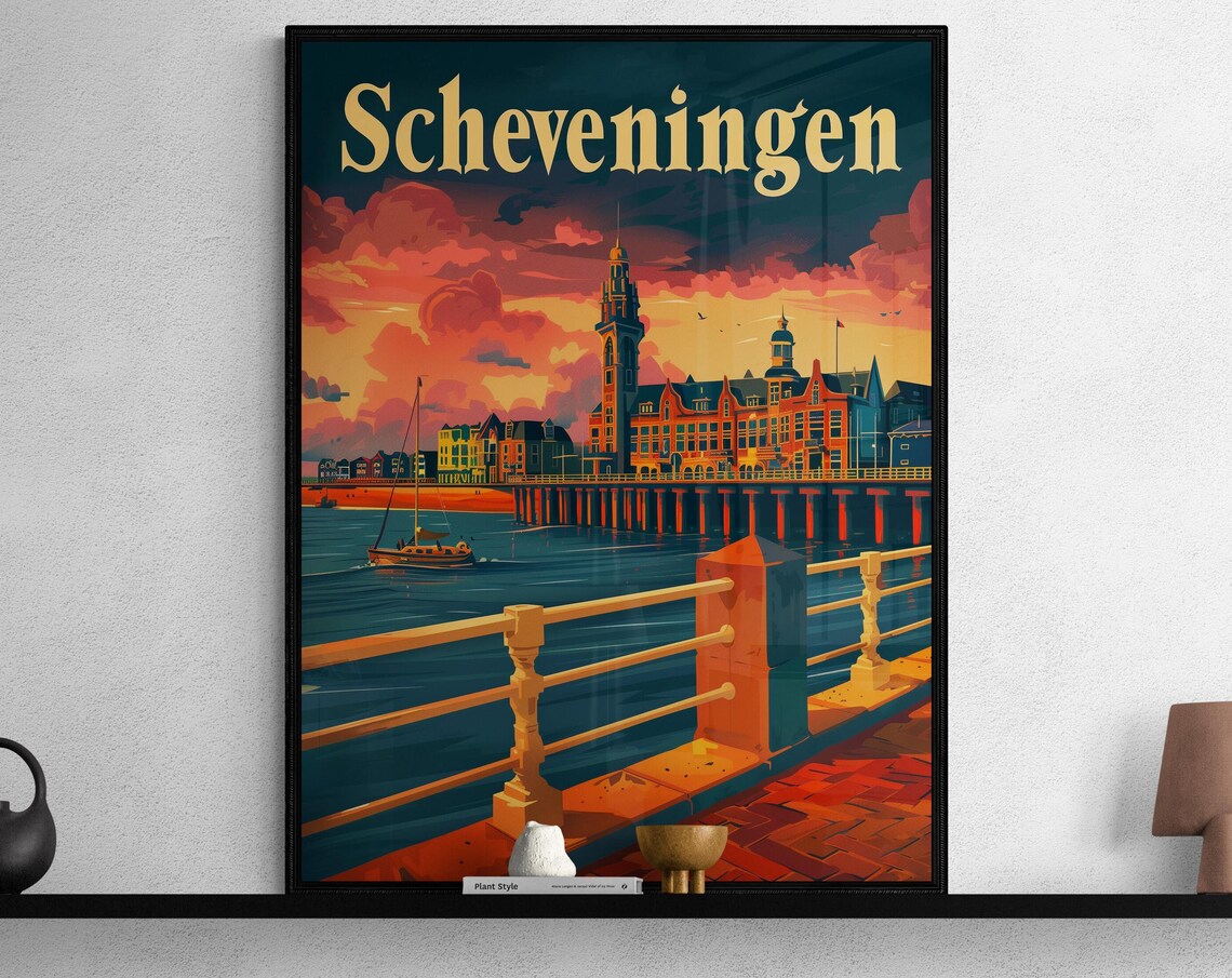 Scheveningen Pier Beach Sunset Retro Netherlands Travel Poster