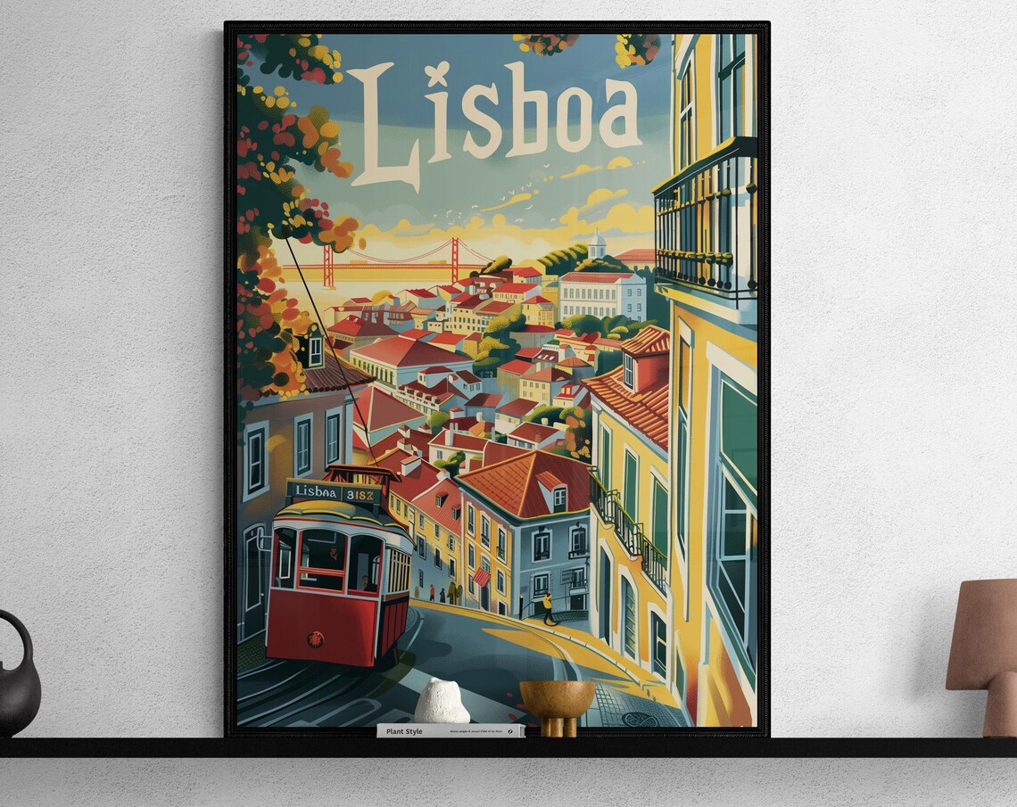 Lisboa Alfama Tram Hillside Bridge City View Vintage Travel Poster