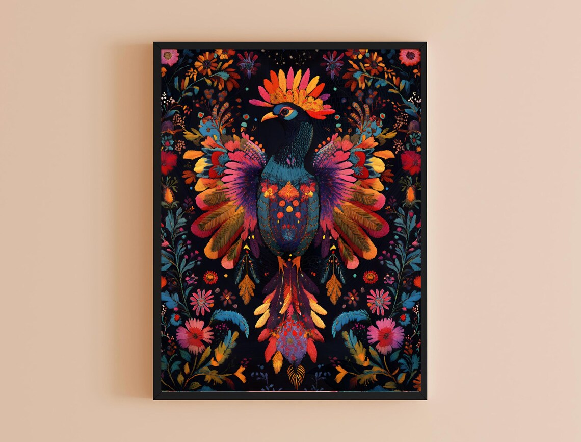 Colorful Exotic Bird Radiant Fantasy Plumage Floral Folk Art Print - Image 4