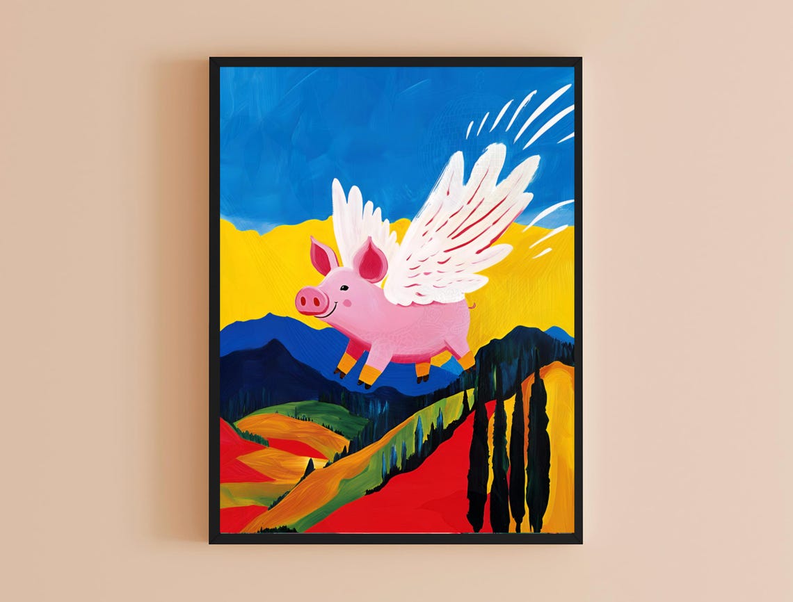 Flying Pig Rainbow Sky Colorful Hills Playful Whimsy Art Poster - Image 4