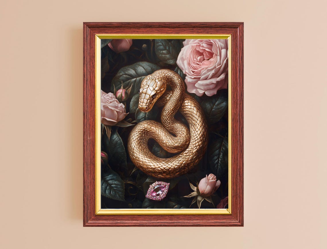 Golden Snake Pink Roses Gemstone Dark Moody Botanical Wall Art Print - Image 2