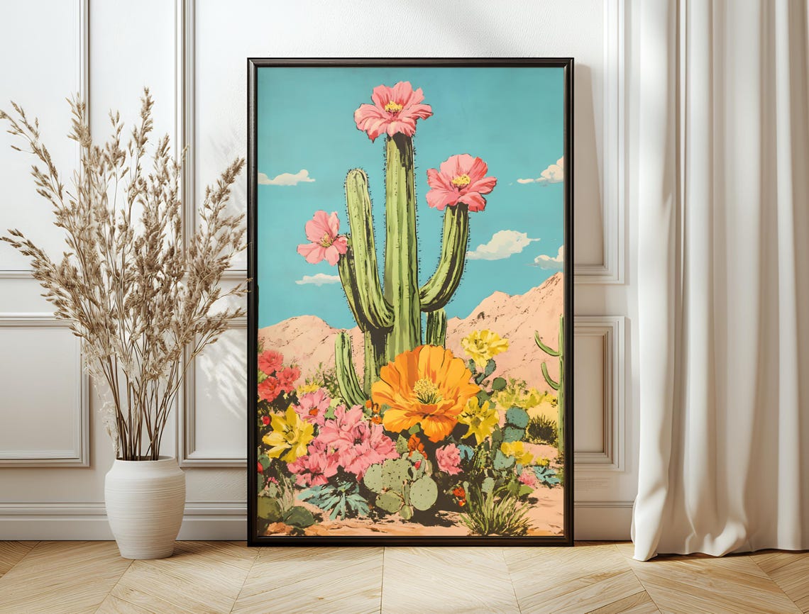 Saguaro Cactus Pink Blooms Desert Wildflower Vintage Botanical Poster