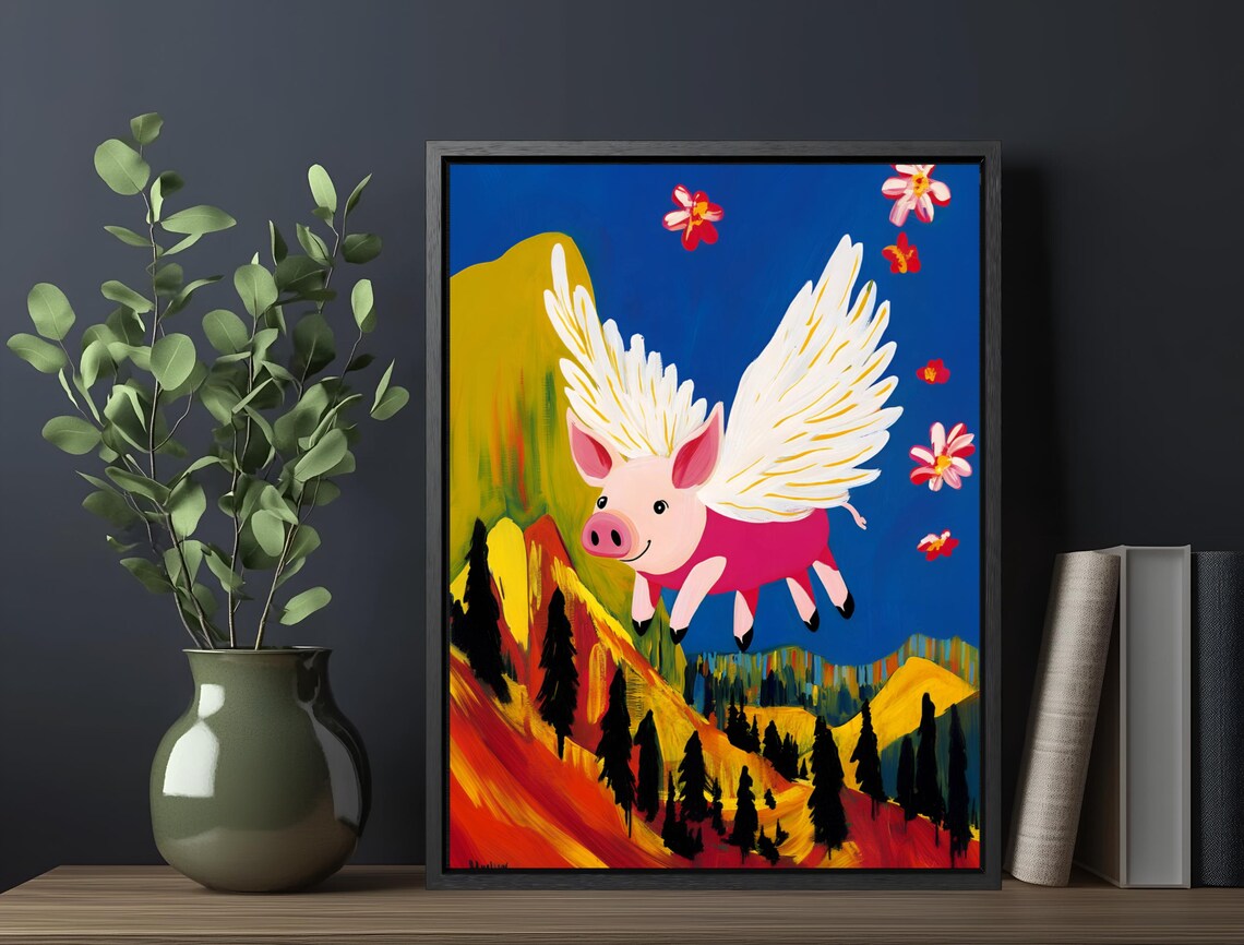 Cheerful Flying Pig Over Fauvist Red Hills Folk Style Art Poster - Image 6