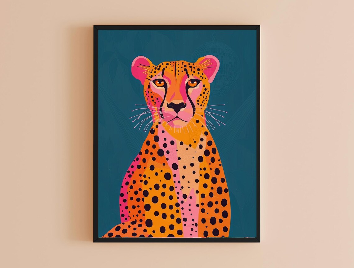 Cheetah Portrait Orange Spotted Big Cat Teal Background Bold Animal Wall Art - Image 4