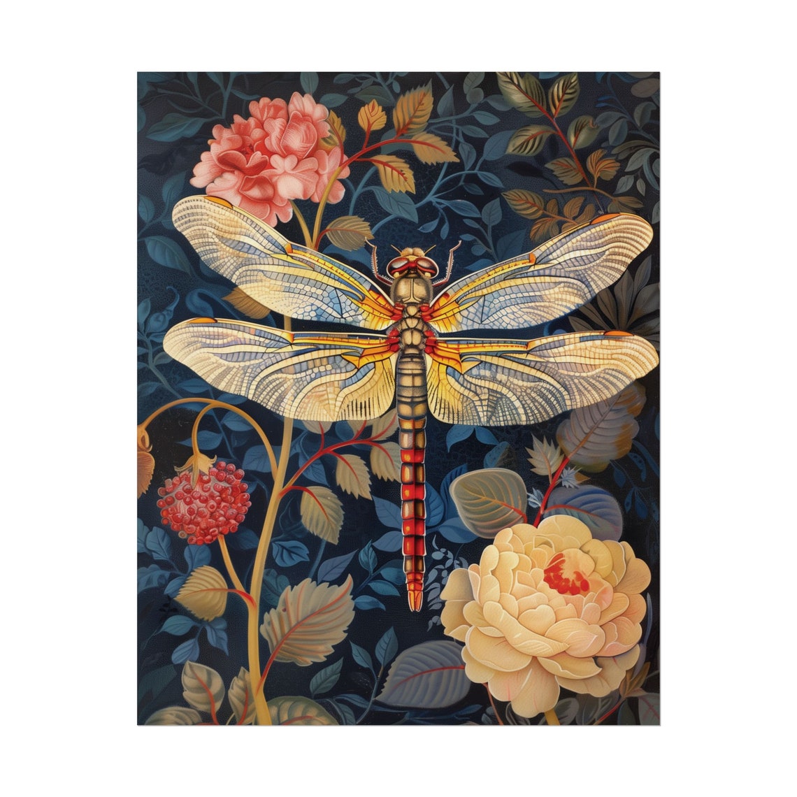 Dragonfly Botanical Art Print William Morris Style Dark Floral Poster - Image 2