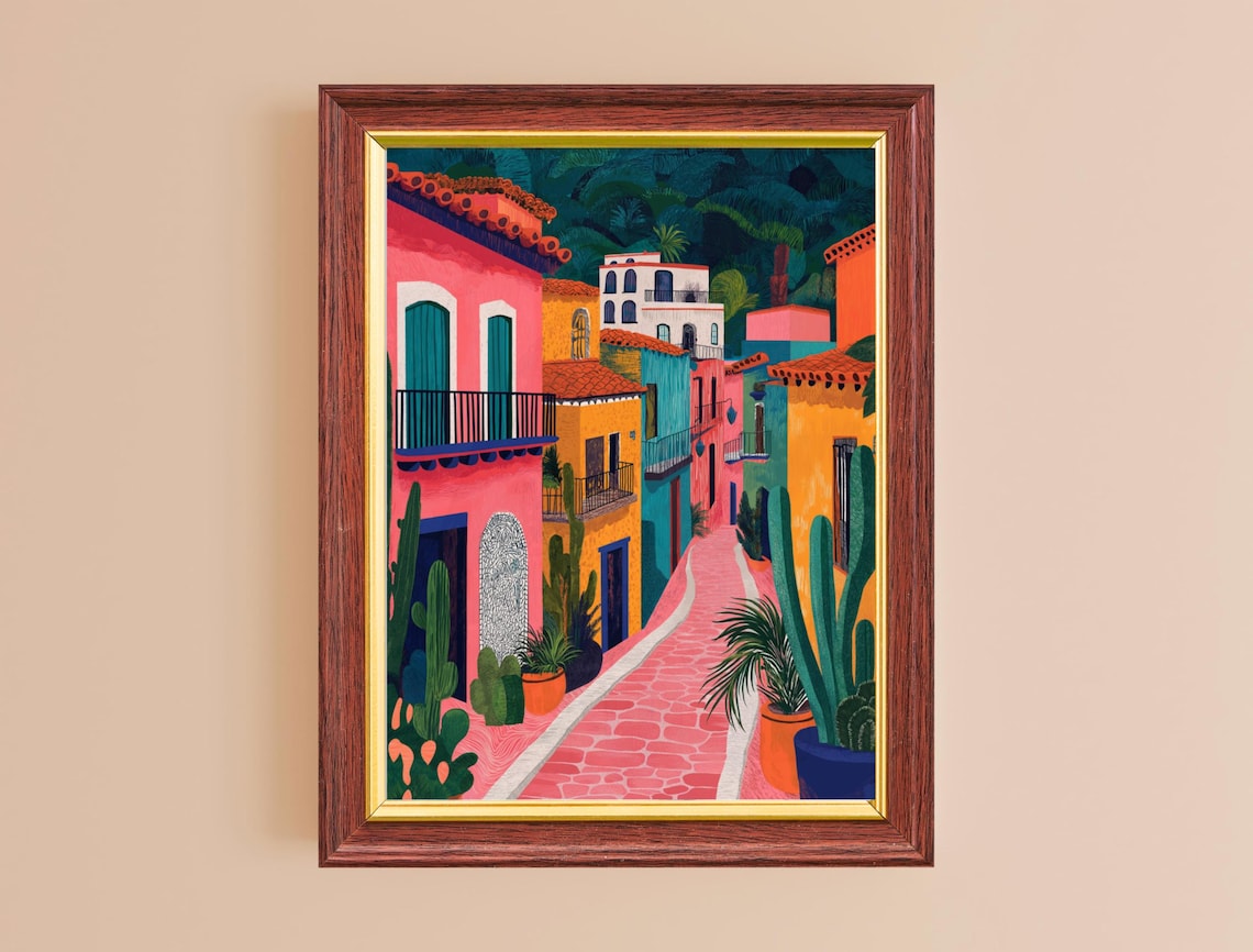 Colorful Mexican Colonial Street Cacti Pink Cobblestone Travel Art Poster - Image 4