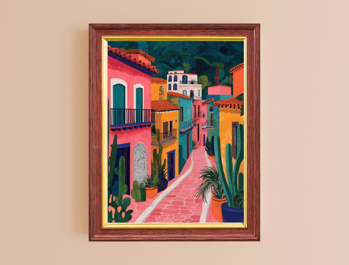 Vibrant Mexican Town Street Candy Colored Houses Cactus Travel Poster