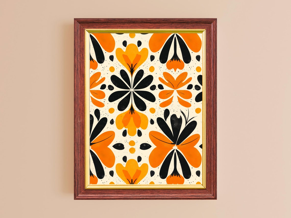 Mid Century Boho Floral Orange Black Abstract Botanical Wall Art