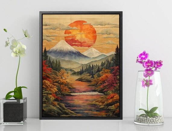 Mount Fuji Red Sun Autumn Leaves River Vintage Japanese Landscape Poster