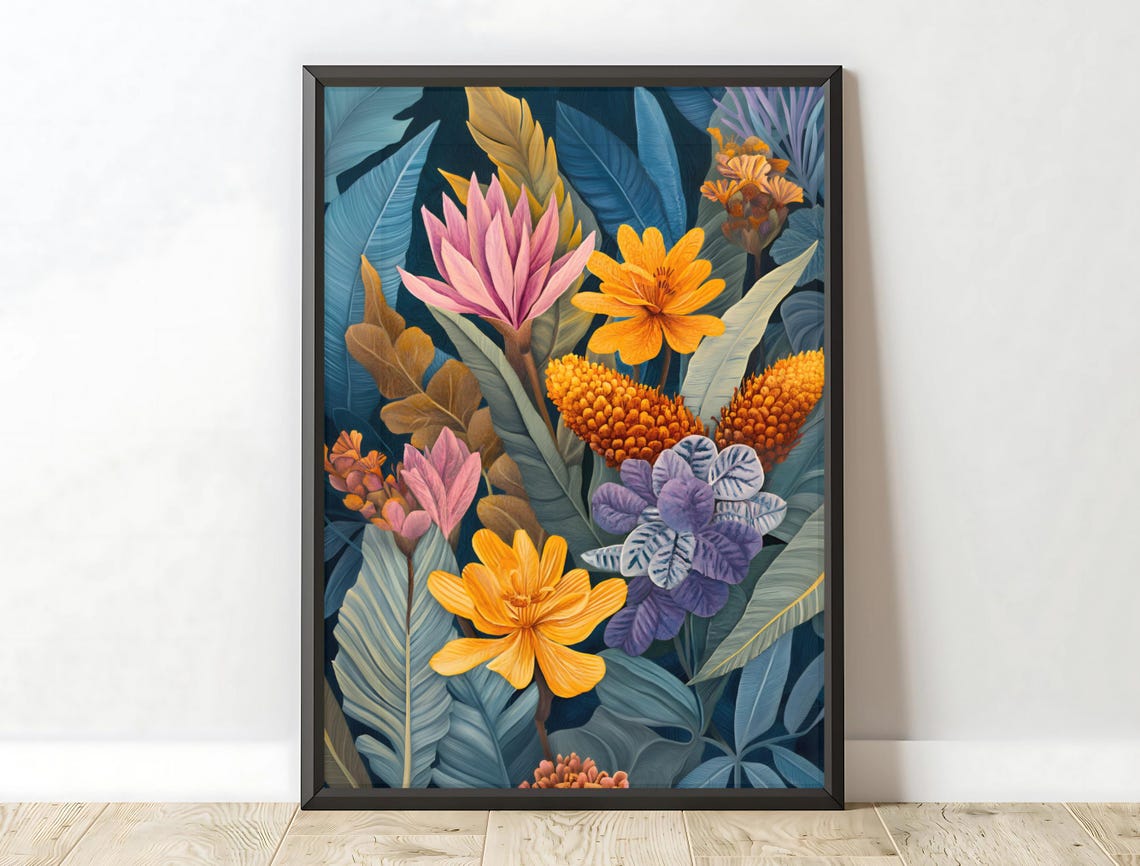 Tropical Floral Pink Lotus Yellow Blooms Blue Leaves Maximalist Print