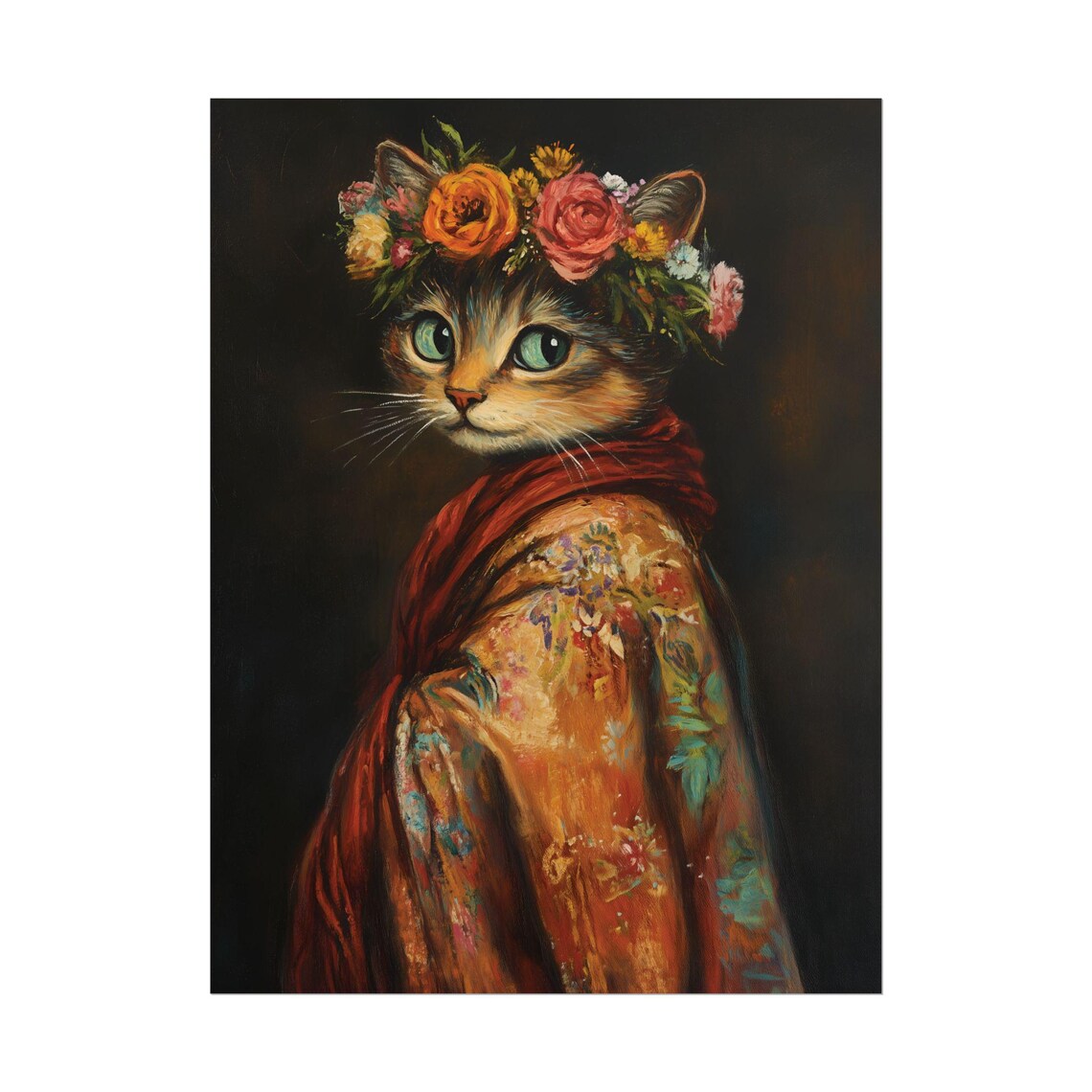 Tabby Cat Flower Crown Floral Robe Green Eyes Regal Portrait Art Poster - Image 2