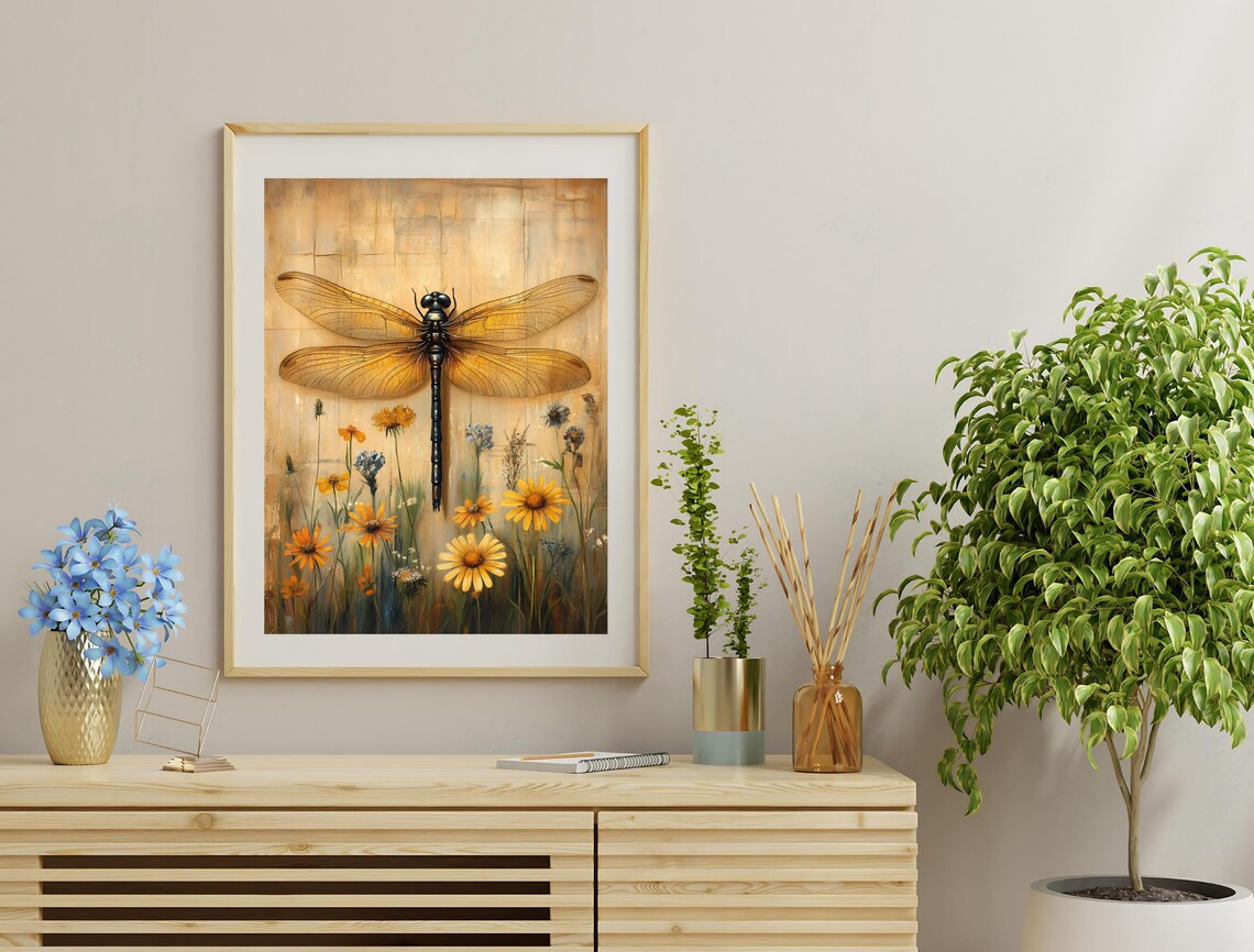 Golden Dragonfly Wildflowers Vintage Parchment Botanical Wall Art Print - Image 3