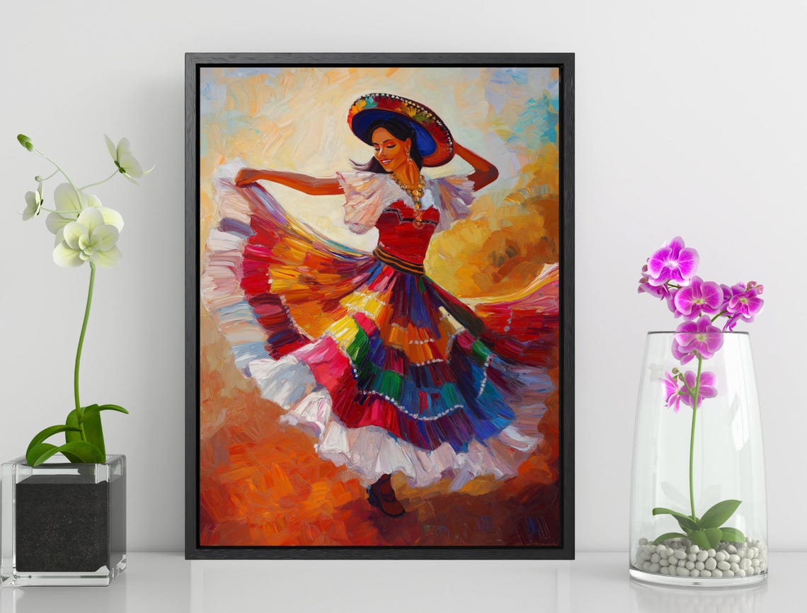 Joyful Mexican Dancer Rainbow Skirt Sombrero Expressive Oil Art Poster - Image 4
