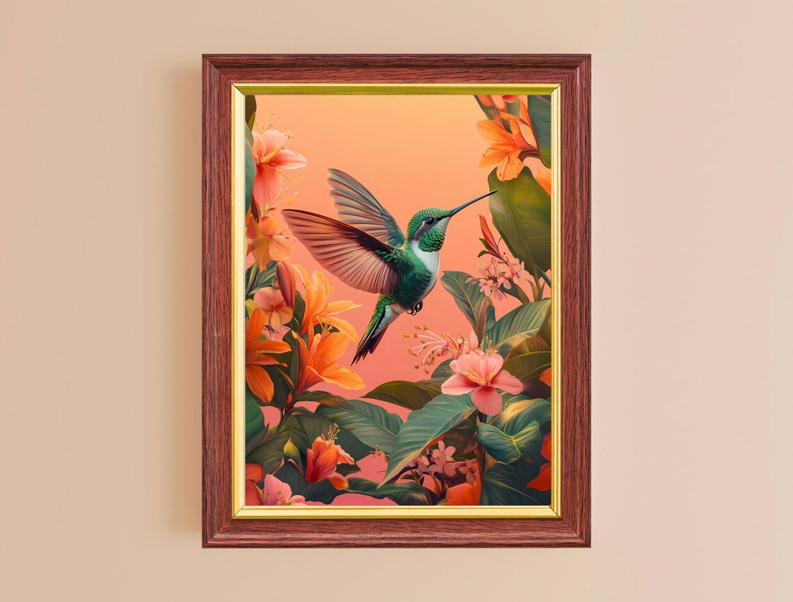 Hummingbird Orange Tropical Flowers Peach Background Nature Art Poster