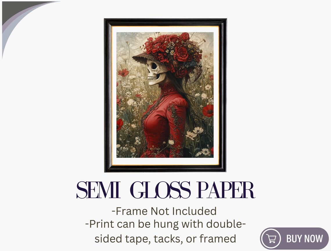 Skeleton Woman Red Dress Floral Hat Wildflower Field Gothic Dark Academia Art Print - Image 6