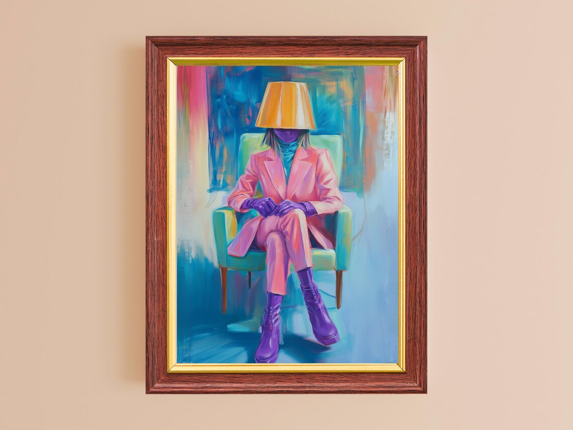 Surreal Woman Lampshade Head Pink Suit Vibrant Whimsical Wall Art - Image 6