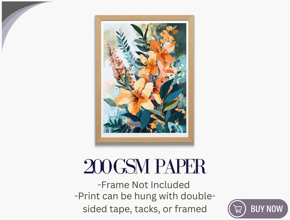Orange Lilies Watercolor Bouquet Teal Leaves Colorful Summer Wall Art - Image 5