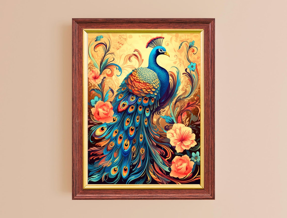 Peacock Art Nouveau Style Illustration Vibrant Exotic Bird Wall Poster