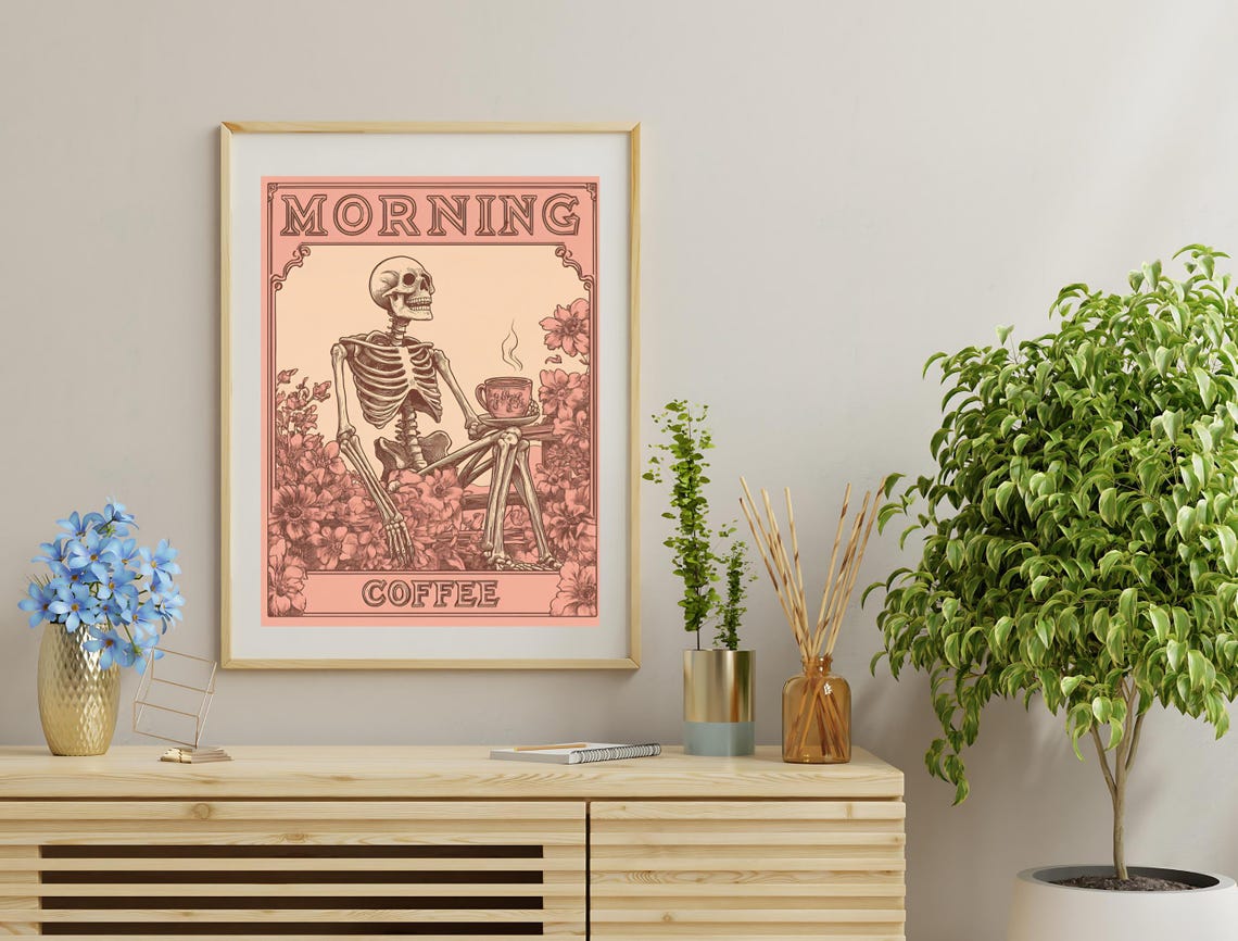 Morning Coffee Skeleton Vintage Style Funny Coffee Lover Kitchen Print - Image 3