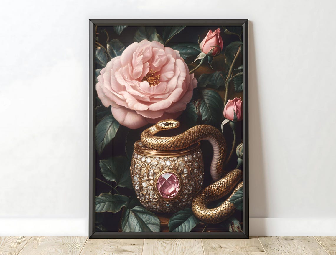 Golden Snake Jeweled Pot Pink Roses Moody Vintage Botanical Art Print