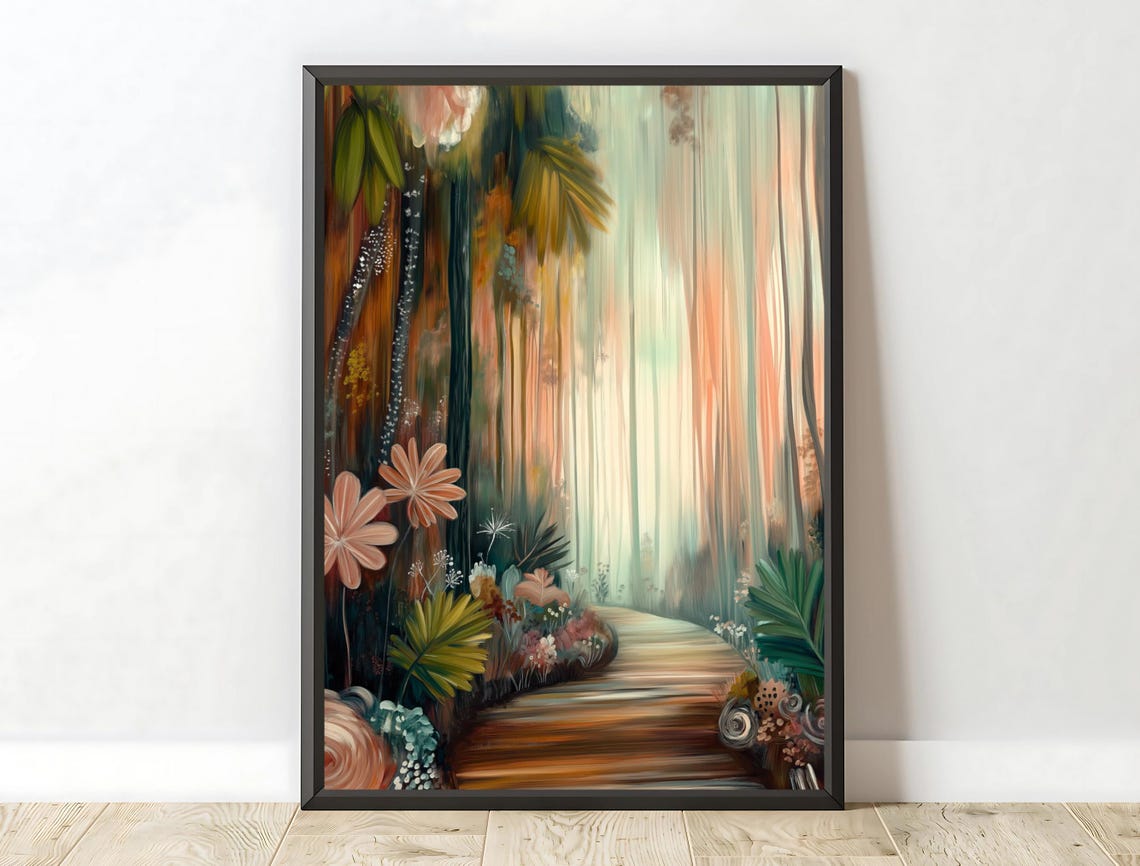 Misty Jungle Boardwalk Peach Blooms Serene Nature Wall Art Poster