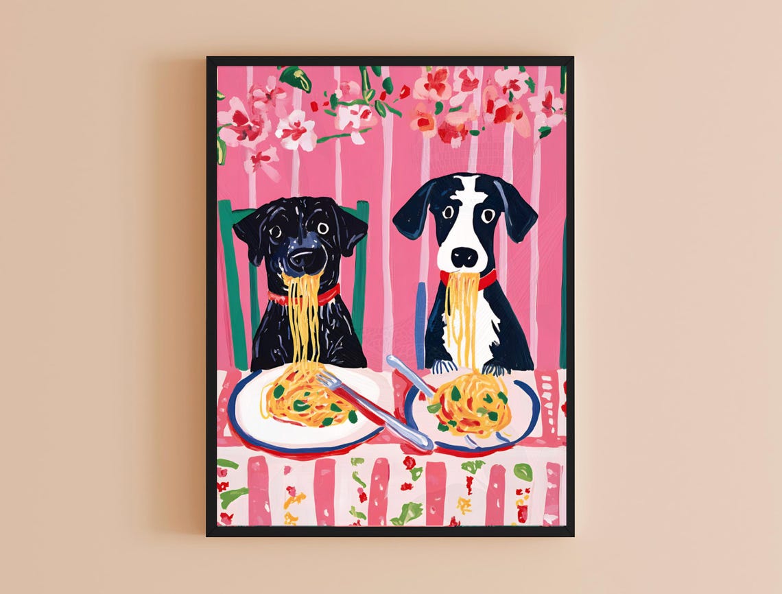 Two Dogs Eating Spaghetti Pink Floral Quirky Kitchen Wall Art - Image 4