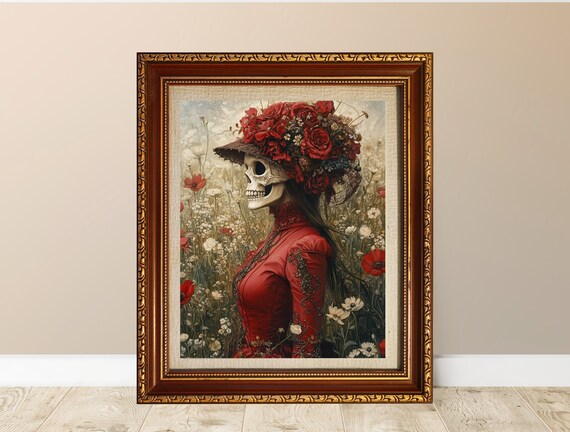 Skeleton Lady Red Dress Wildflower Field Halloween Art Nouveau Poster