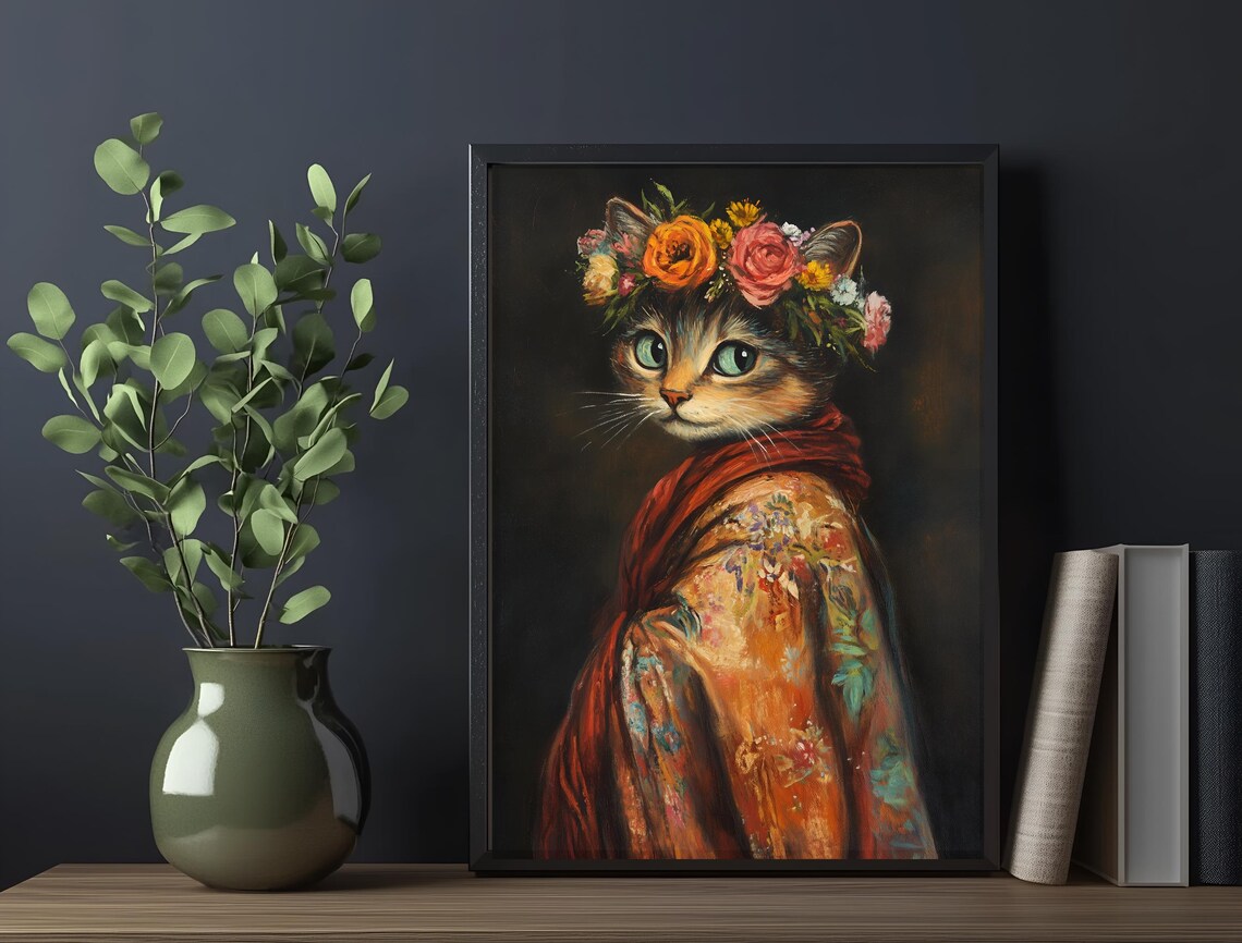 Tabby Cat Flower Crown Floral Robe Green Eyes Regal Portrait Art Poster - Image 6