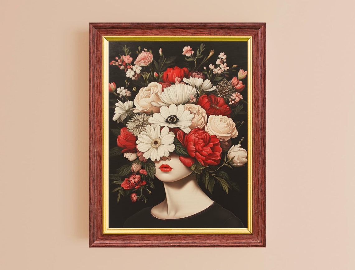 Woman Flower Head Surreal Portrait Dark Floral Maximalist Art Poster