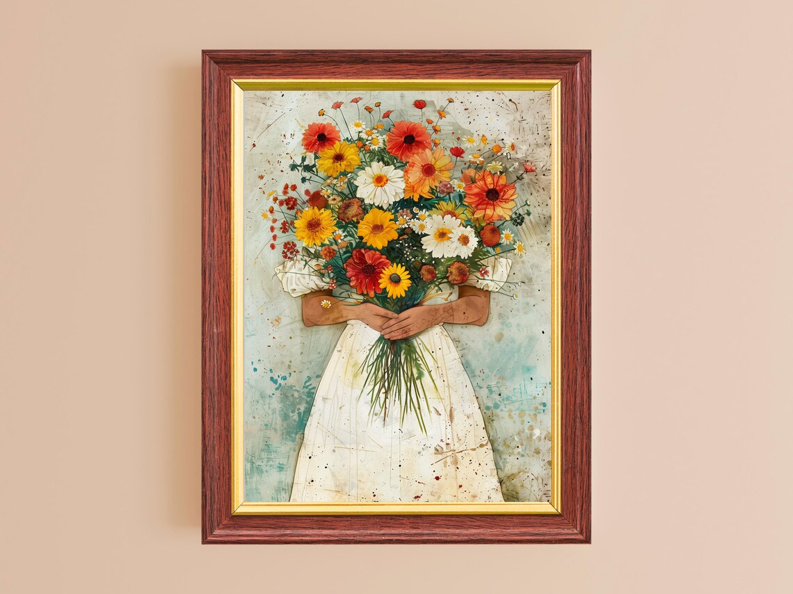Woman White Dress Holding Wildflower Bouquet Vintage Floral Art Poster