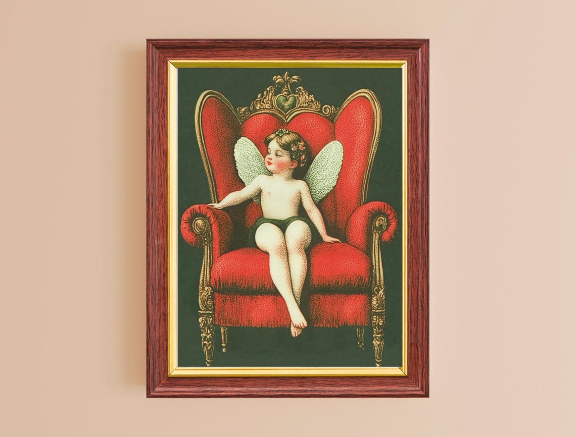 Vintage Cupid Cherub Red Velvet Throne Valentine Romantic Art Poster