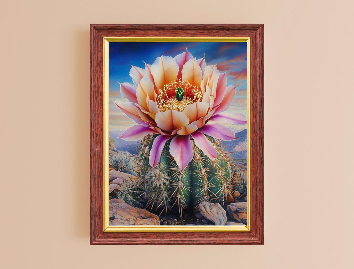 Pink Cactus Flower Bloom Prickly Pear Blue Sky Desert Botanical Print - Image 2