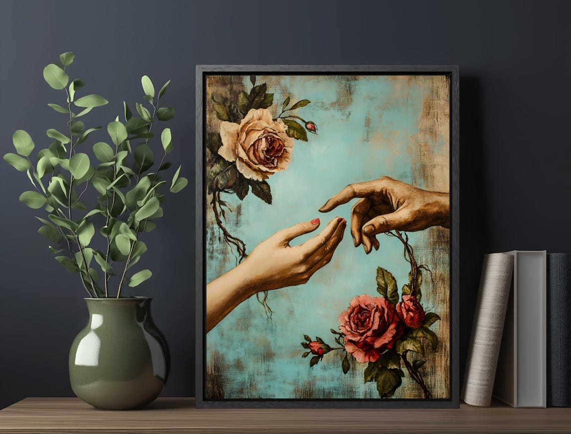 Reaching Hands Roses Vintage Oil Painting Romantic Floral Art Poster - Image 5