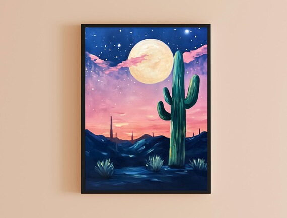 Vintage Saguaro Cactus Print Desert Wall Art Moody Cactus Painting Southwestern Decor Unique Botanical Cacti Home Art