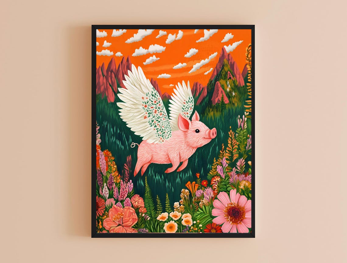 Winged Pink Pig Flower Meadow Sunset Peaks Magical Art Poster - Image 4