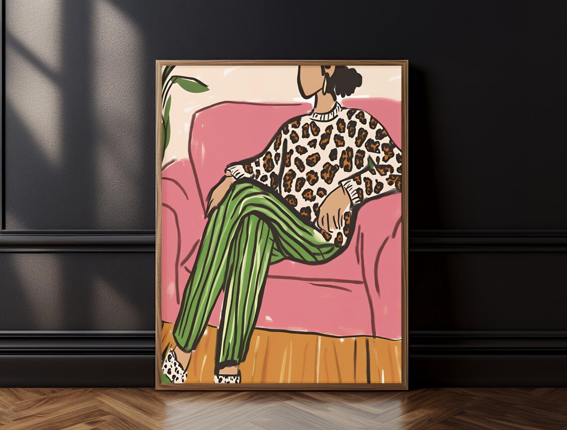 Stylish Woman Leopard Sweater Lounging Pink Chair Trendy Art Poster