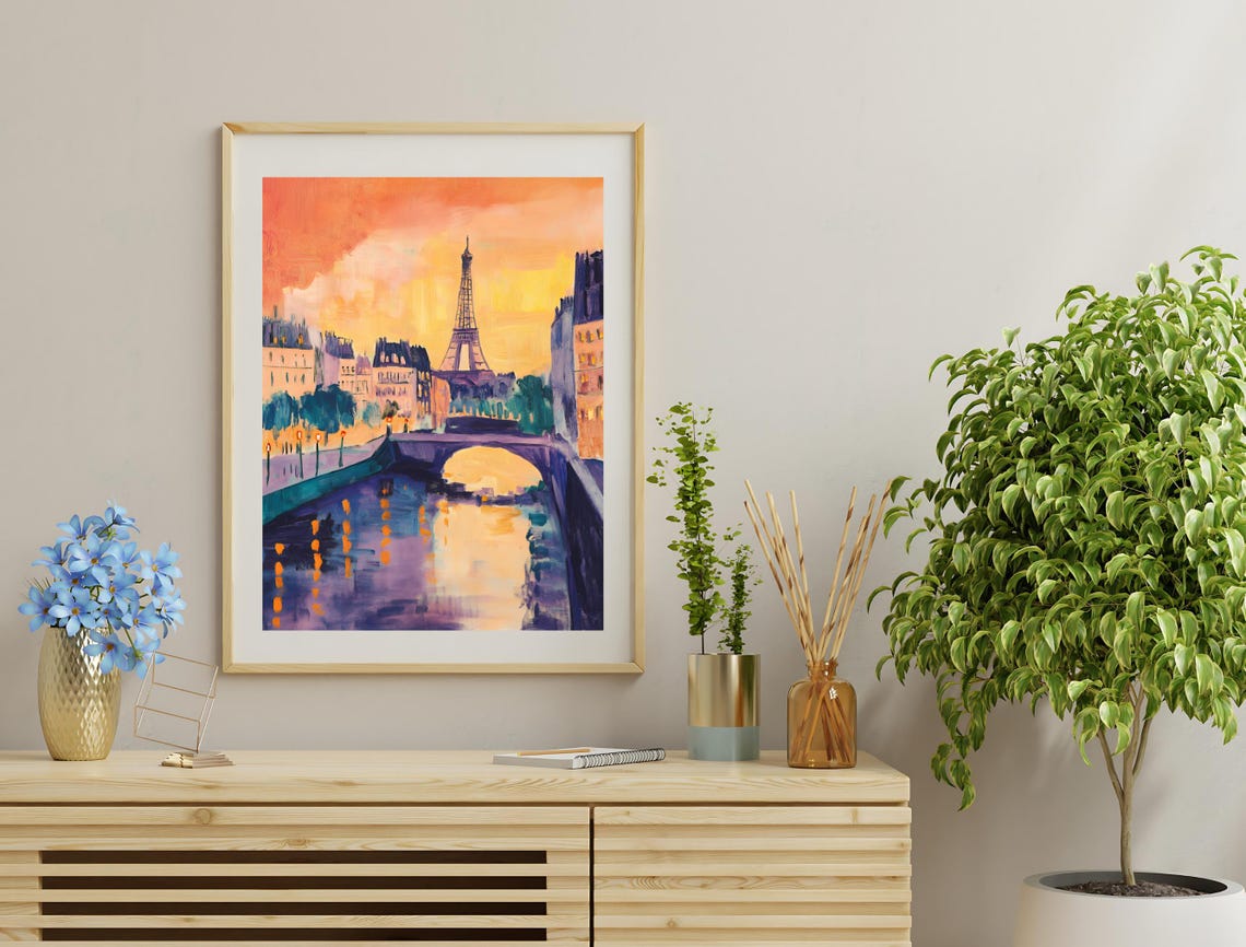 Paris Eiffel Tower Golden Sunset Seine River Bridge Painting Poster - Image 3