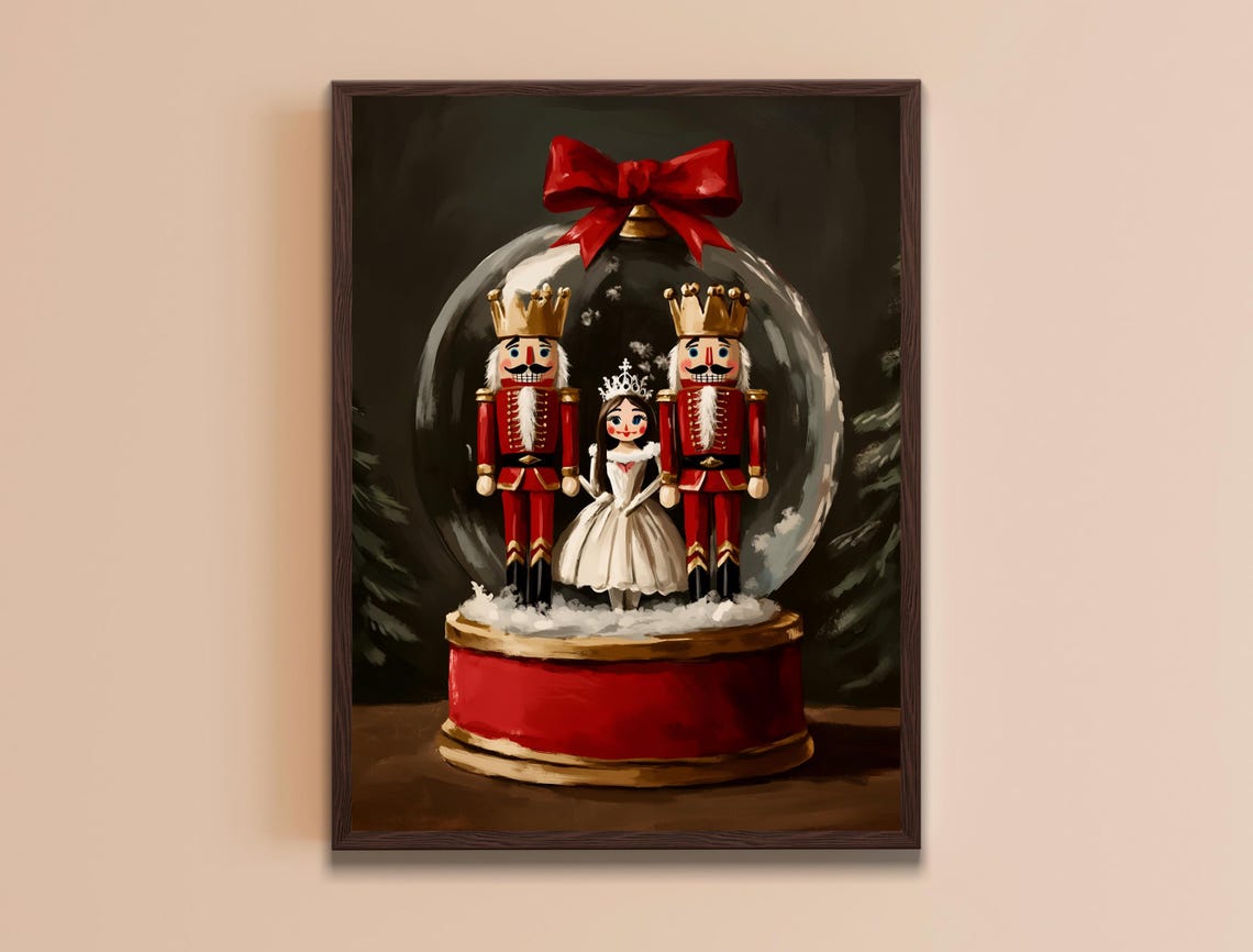Nutcracker Snow Globe Ballerina Red Bow Vintage Christmas Art Poster