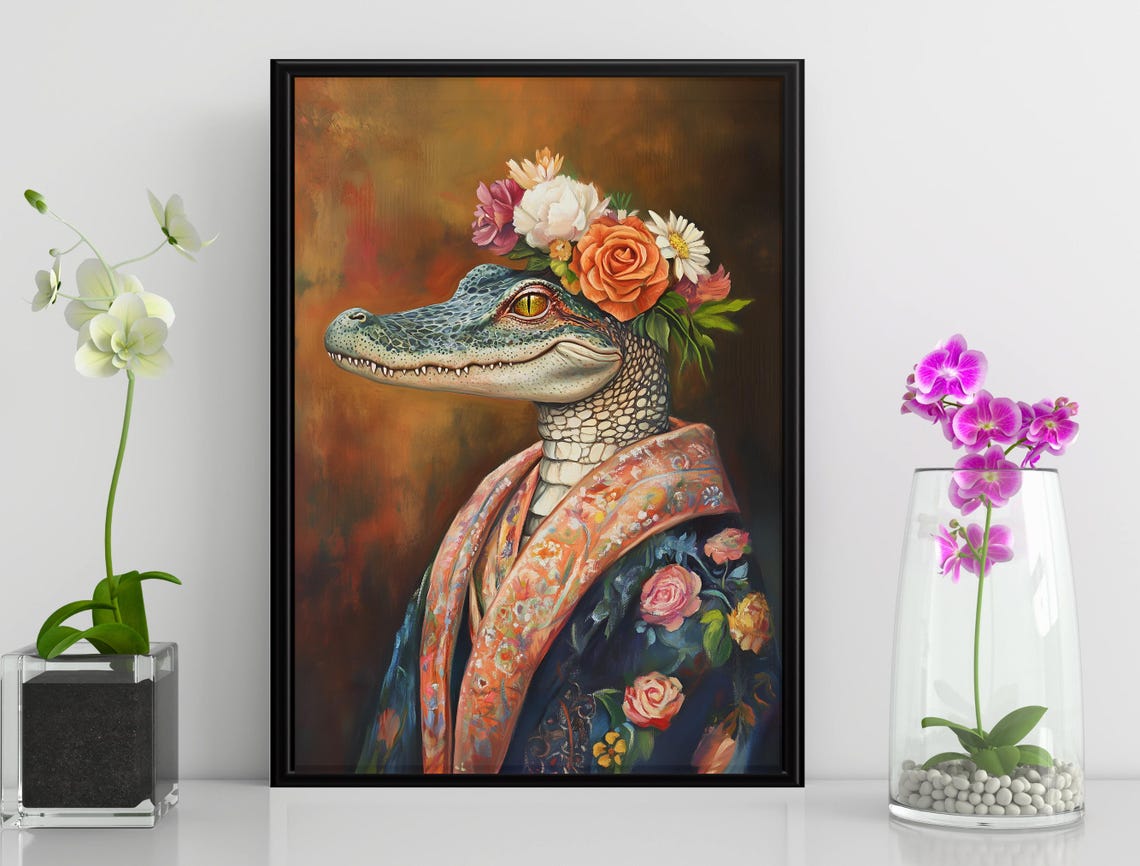 Alligator Flower Crown Floral Robe Regal Portrait Eclectic Art Poster - Image 3