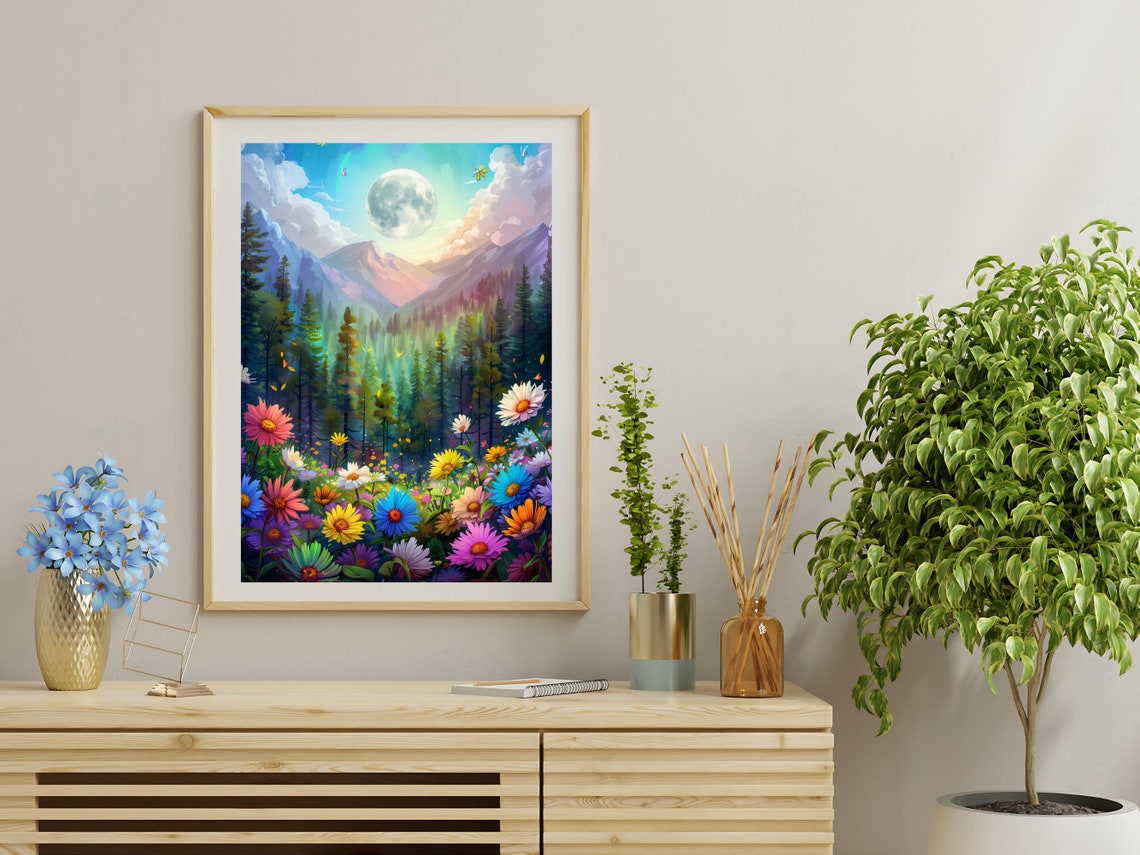 Full Moon Mountain Forest Valley Wildflower Night Sky Nature Poster - Image 3