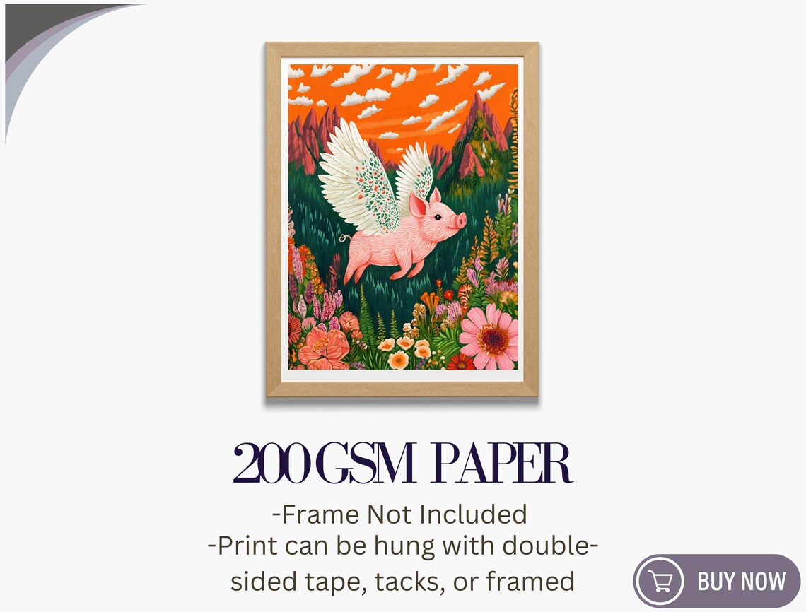 Winged Pink Pig Flower Meadow Sunset Peaks Magical Art Poster - Image 5