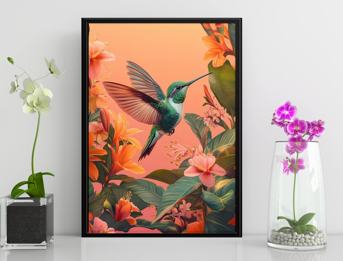 Hummingbird Orange Tropical Flowers Peach Background Nature Art Poster - Image 4