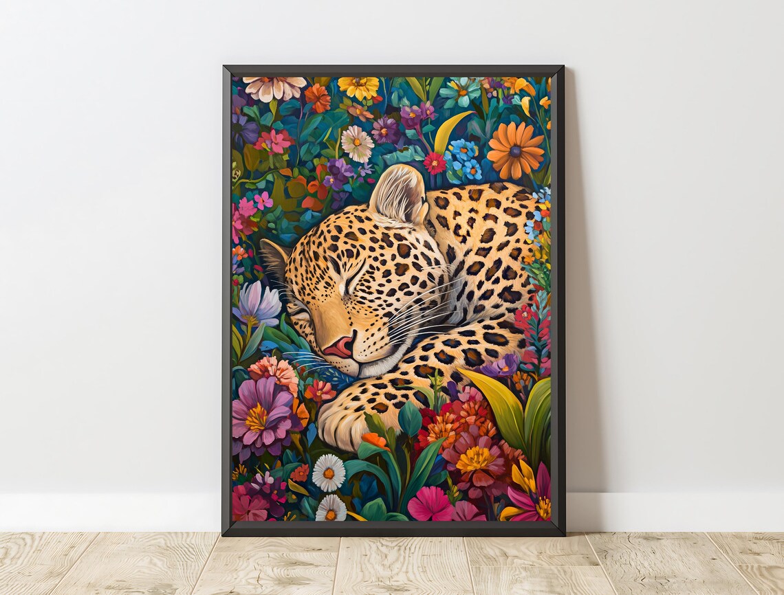 Sleeping Leopard Tropical Flower Garden Maximalist Jungle Animal Art Poster - Image 4